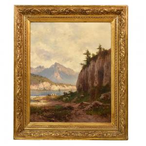 GEMÄLDE: LANDSCHAFTEN, BERGE UND HERDE, ÖLGEMÄLDE AUF LEINWAND, ANTIKE GEMÄLDE AUS DEM 19. JAHRHUNDERT. (QP17)